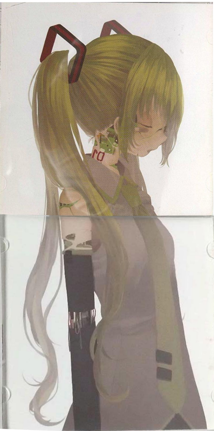 digitally stiched picture of the overall cover of the booklet. it shows the album cover which is a bust of a green, deteriorated, robotic miku. the back of the booklet continues from the bust showing her body til the thighs section. she's wearing a black dress with a green tie. it also shows her arm falling apart, the wires on the inside being the only thing holding it together.