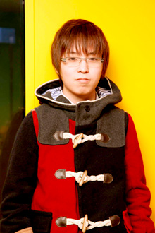 picture of mizoguchi ryo wearing a red jacket with a yellow background