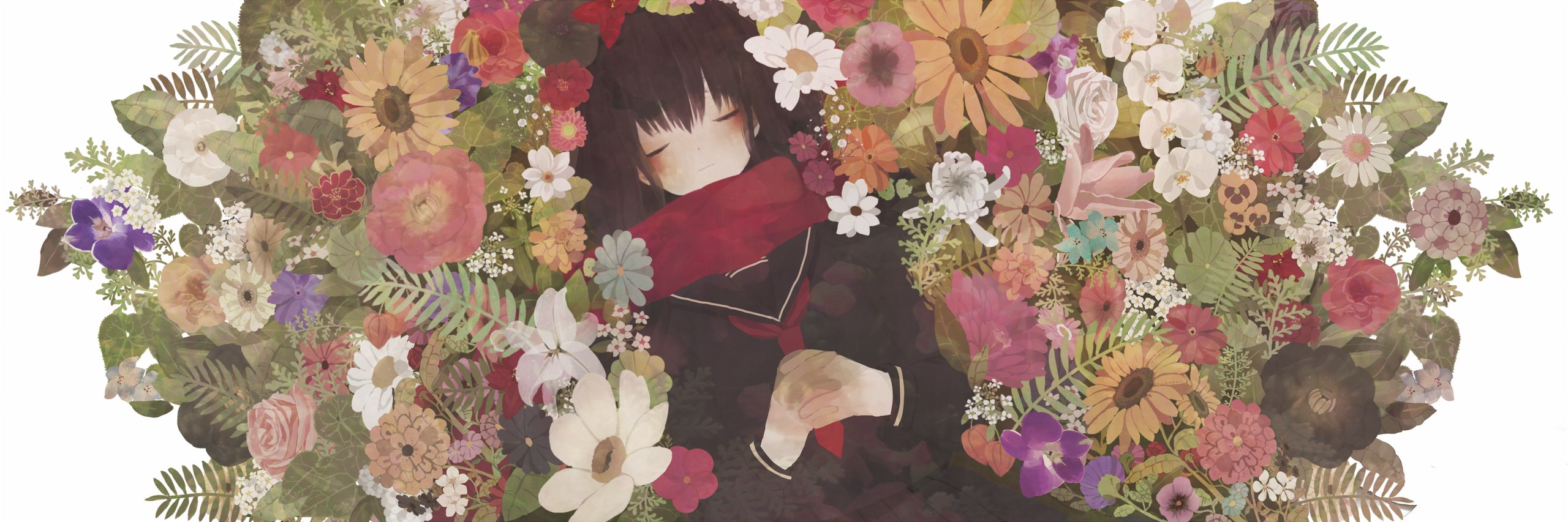 a person lying in a bed of flowers