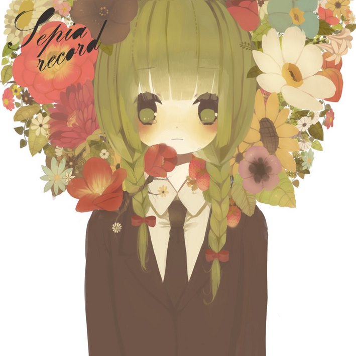 regular cover of sepia record. it shows a portrait of the character.has green hair with braids and red ribbons at the end. wearing a black suit with a black tie. there are flowers and plants decorating their head