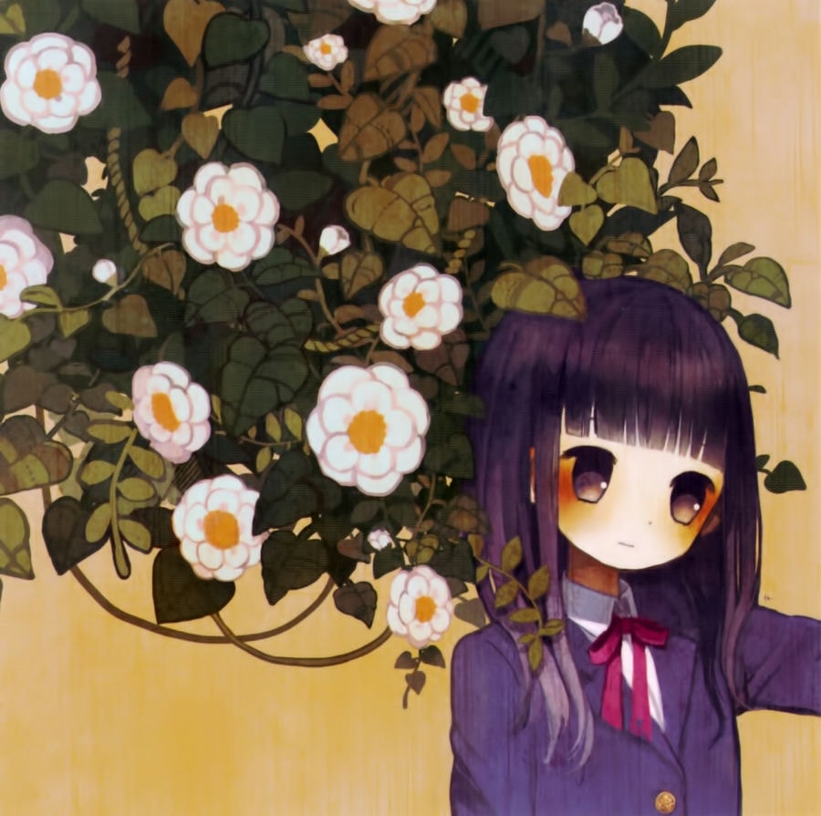 illustration by meisa of a character. has a white shirt, a dark blue jacket, and a red ribbon. there are flowers and plants behind them. it has a mustard color background