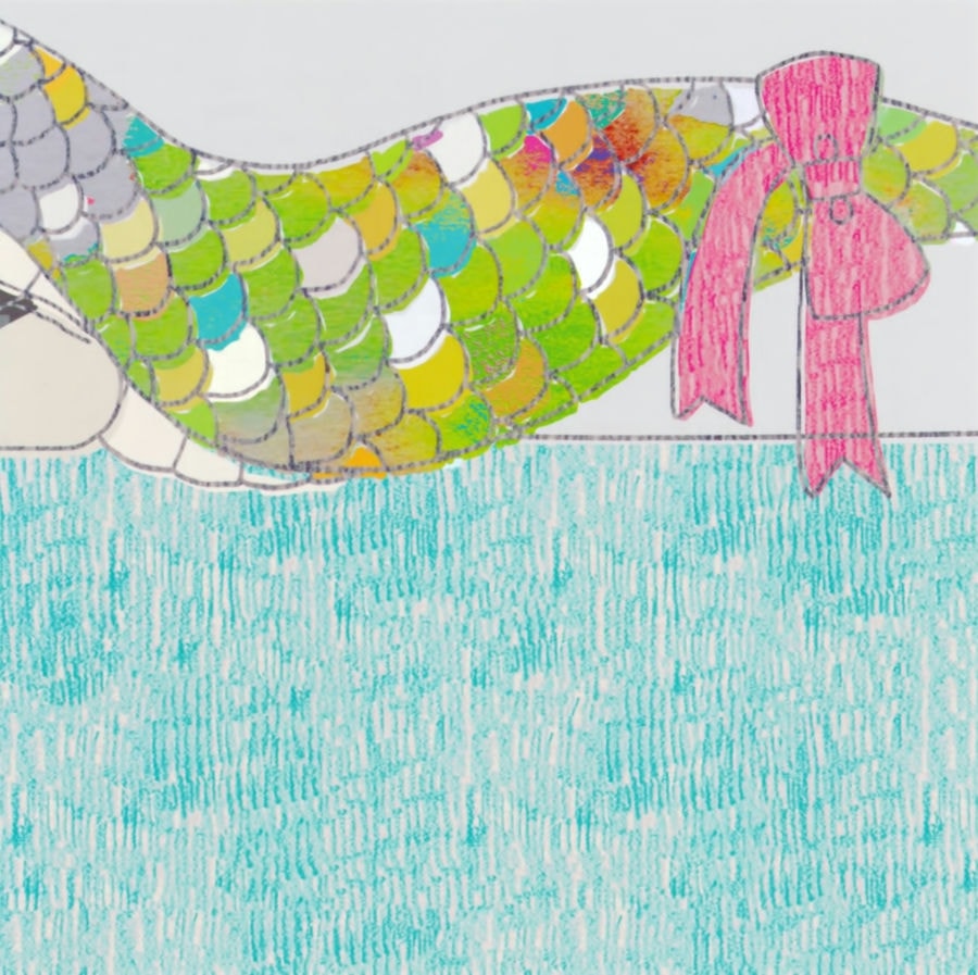 illustration by meisa. seems to be in like a drafts / crayon style. the drawing looks like a mermaid tail. it is green and it has a pink ribbon at the end.