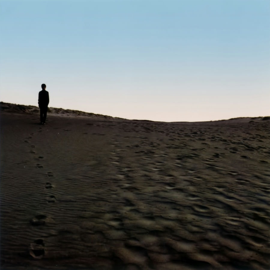 the silhouette of siinamota on a dune or desert with a light blue sky as the background. you can notice his footprints in the sand.